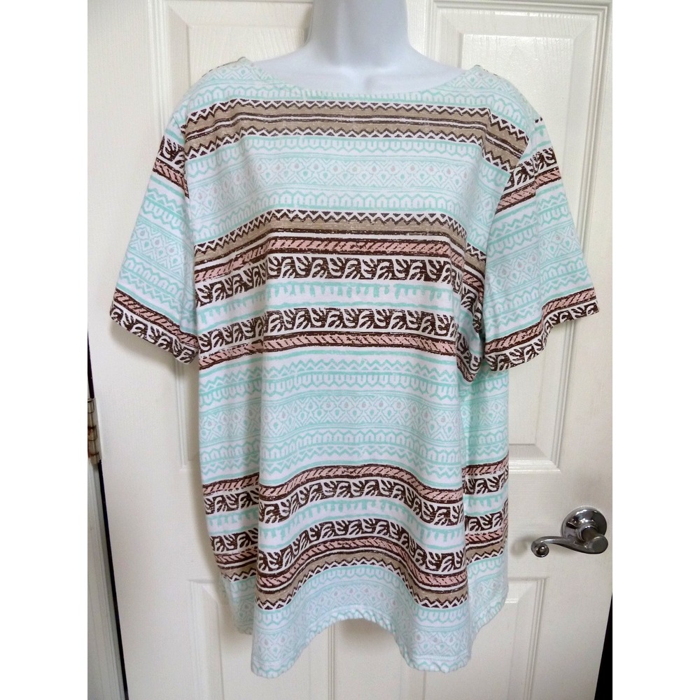 *CORAL BAY Plus Sz 1X Aztec Striped Short Sleeve Tee Top Colorful Beachy*